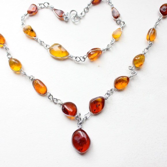 Vintage genuine amber gemstone necklace and bracelet wired set collier bracelet - Picture 3 of 13